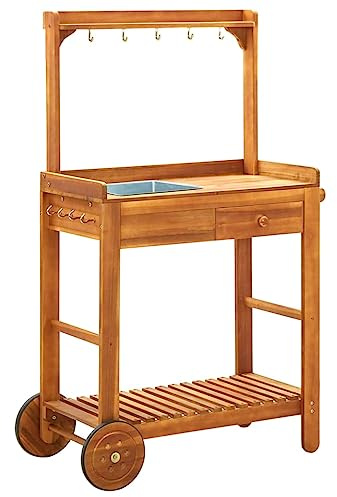 WKIEQACO Carro de cocina de jardín de madera de acacia maciza de 92 x 43,5 x 141,5 cm, carros de cocina y comedor