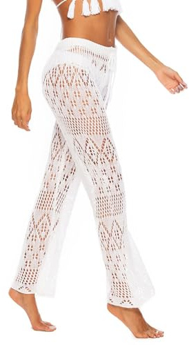 2025 Women's Cover Up Pants Hollow Out Crochet Beach Bikini Swimsuit Bottoms High Waist Mesh Martial Arts Pants Women, White, XL