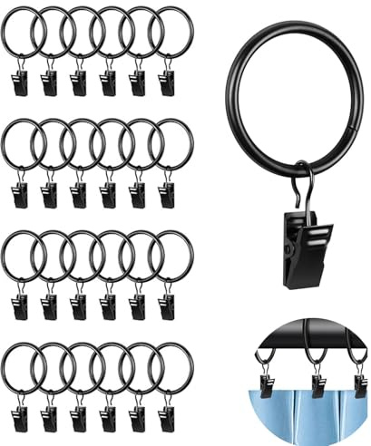 25 Piezas Anillos de Cortina de Metal Negro con Clips Resistentes, Anillas con Pinzas para Cortinas, Anillos de Clip de Cortina de Metal, Compatibles con Barras de Cortina, Ventanas, Puertas