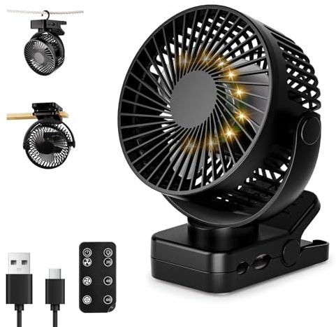 Wudyfei 12000mAh Portable Clip on Fan, 5.5 Rechargeable Battery Fan with Remote & Timer, Silent USB Desk Fan Small, 3 Speeds & Light, 360° Rotation, Ideal for Outdoor, Camping, Stroller, Home, Office