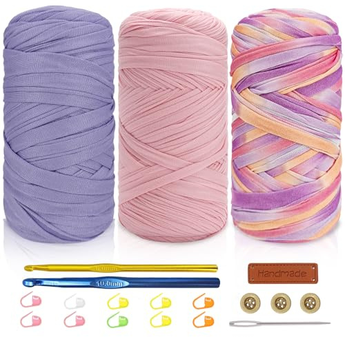 Tshirt Yarn Crochet Kit 3x200g Chunky Yarn for Crocheting with 6mm & 10mm Hooks + Accessories, Rich Color Combinations - Suitable for Beginners, Ideal for Making Bags, Home Decor（Purple-3）