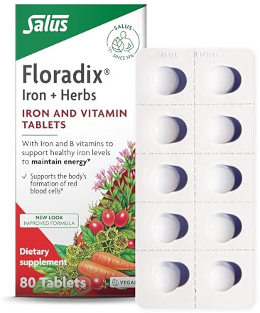 Floradix Iron Tablets - Iron Supplement with B Vitamins, Folic Acid, Vitamin C & More - Energy Support - Vegetarian & Gluten-Free - 80 Tablets (80 Servings)