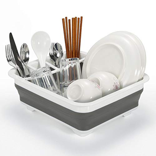 Vinsani Dish Drainer Collapsible Portable Folding Cutlery Plate Holder Drying Kitchen Non-Scratch Space Saver Draining Sink Rack Ideal for Home, Camping and Travelling - White & Grey