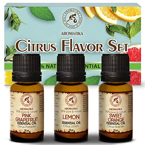 Set de Aceites Esenciales - Aromas Cítricos Set 3x10ml - Limón - Naranja - Pomelo - 100% Puro & Natural - Perfecto para Difusores - Quemadores & Humidificadores - Belleza - Spa - Relajación - Baño