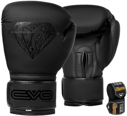 EVO Guantoni da boxe con fasce per le mani per uomini e donne con pelle Pro Gel per Muay Thai Kick Boxing Sparring combattimento e allenamento (Diamante Nero Opaco, 10 OZ)