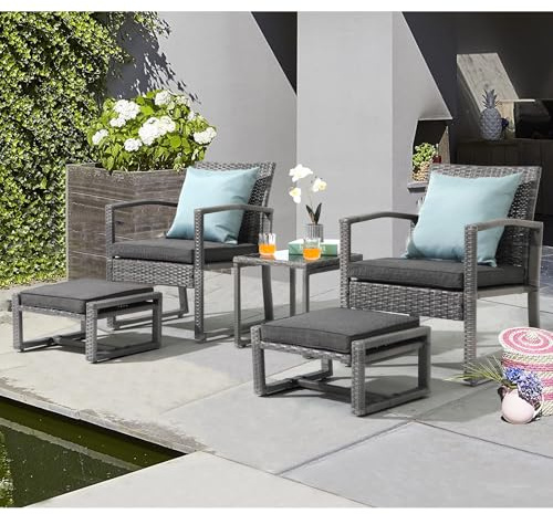 Patiorama 5 Piece Outdoor Patio Wicker Furniture Set, All Weather Grey PE Rattan Chair and Ottoman Footstool Set, W/Coffee Table, Cushions (Dark Grey) for Garden, Balcony, Porch, Space Saving Design