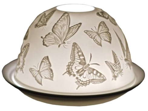 Cello Photophore en porcelaine en forme de dôme, motif papillons, un superbe bougeoir en porcelaine projetant une image 3D. À utiliser avec des bougies chauffe-plat parfumées ou non parfumées, cadeau