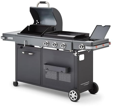 BRASERO BY FAVEX – Bi‑Energy Gun Metal – Plancha gaz & barbecue charbon avec brûleur latéral – 12,95 kW – Plaque fonte émaillée 60 x 42 cm – Grille fonte – Jusqu'à 14 convives – Certifié LONGTIME