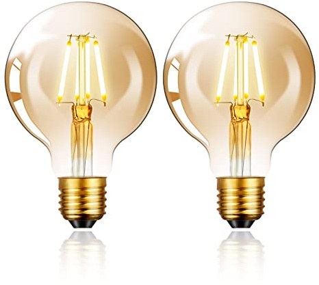Vintage Edison LED Light Bulb, E27 Screw Bulb 4W&6W (Equivalent to 40W&60W) G80 Globe Decorative Light Bulbs Warm White 2800K LED Filament Lamp Amber/Gery Glass for Retro Lighting-2P (Glod, 6W)