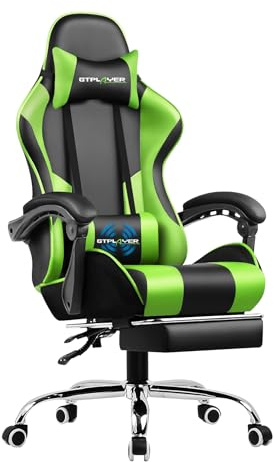 GTPLAYER Gaming Chair, Massage Computer Chairs with Footrest, Headrest and Lumbar Support Height Adjustable Ergonomic 360°-Swivel PC Chair Green