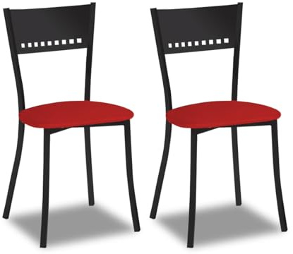 2 Sillas metálicas con Respaldo de Escalera y Asiento tapizado - Estructura Color Negra - Asiento en Polipiel Rojo