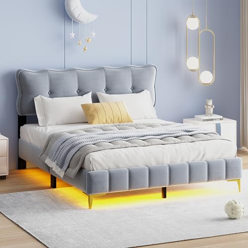 Becag Doppelbett 160x200 cm Polsterbett Kinderbett mit Unterbett-LED-Leuchten, Bett mit Lattenrost, Kinderbett Jugendbett Rückenlehne Bett, Metallfüße, Ohne Matratze, Samtstoff Grau