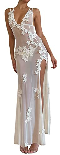 Loalirando Robe à Bretelles Maxi Longue Sexy Transparente Robe Décolletée Fendue Ornée des Fleurs (Blanche, L)
