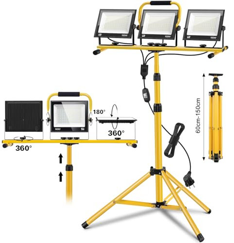 wowspeed Foco de Trabajo LED 300W con Trípode Telescópico, 30000LM 6500K Foco de Trabajo LED con Enchufe Cable de 3m, Rotación de 360°, IP66 Impermeable Luz de Trabajo para Taller, Obras, Garaje