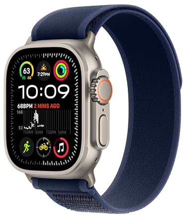Apple Watch Ultra 2 GPS + Cellular 49 mm Smart sportklocka med robust naturlig titanboett och Trail Loop i blå - S/M. Träningsmätare, precisions-gps, extra lång batteritid, koldioxidneutral