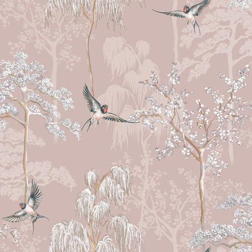 World of Wallpaper Japanese Garden, Blush Pink (E100335AH) | Easy to apply wallcovering, Feature Wall, Birds, Cherry Blossom, Wisteria, Bedroom, Living & Dining Rooms (10m x 53cm roll)