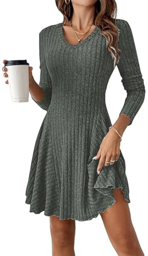 GUCURIN Vestido de Punto Mujer Manga Larga Cuello en V Suéter A-Line Casual Vestidos Otoño Invierno Mujer, Verde Oscuro, XL