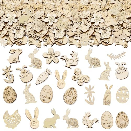 GoldRock Holz Konfetti Ostern Deko Groß,100 Stück Streudeko Ostern,Hasen,Huhn,Blume,Eier Ostern Tischdeko,Ostereier Osterstreudeko Confetti,Frühlingsdeko Oster Konfetti zum Basteln,Geschenke zu Ostern