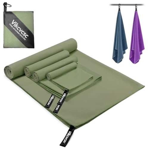 Vikcvcsc Serviette Microfibre Lot de 4 Serviette Sechage Rapide -180x80cm+2pcs 80x40cm+40x30cm Serviette Sport Musculation pour Le Sport Camping, Serviette Piscine Serviette de Plage Microfibre(Vert)