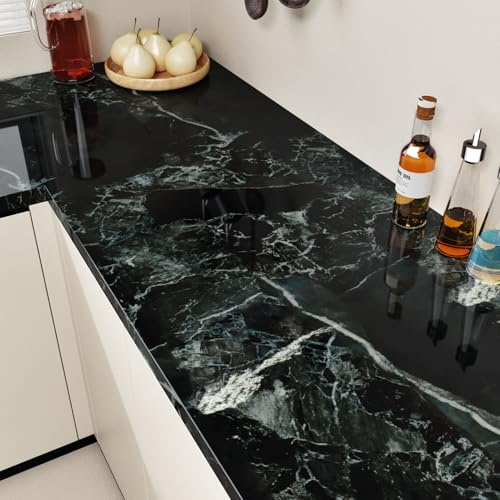 HotDecor Film Adhesif Pour Meuble Papier Peint En Marbre Brillant Noir/Vert Foncé Revetement Adhesif Meuble Plan De Travail Papier Peint Autocollant Mural Cuisine Lavable Stickers Meuble 40cm x 200cm