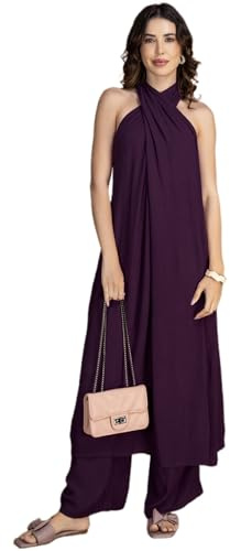 Moomaya Set Coordinato Indo-Occidentale da Donna | Kurta con Collo A V Drappeggiato in Rayon E Pantaloni Palazzo | Completo da Indossare in Stile Indiano - Set da 2 Pezzi