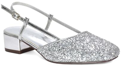 ESSEX GLAM Women's Slingback Court Shoes Ladies Silver Glitter Buckle Strap Party Low Block Square Toe Comfy Heel Size 4