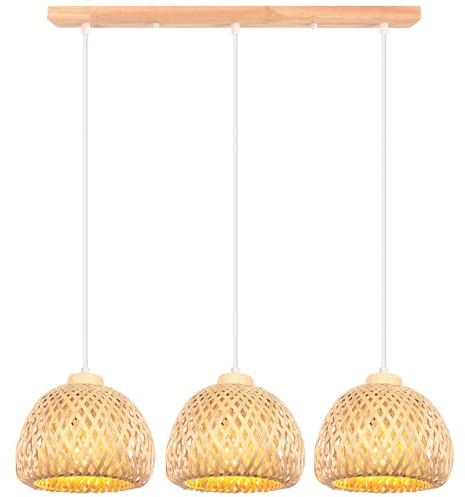 iDEGU 3 Luces Lámpara Colgante Vintage Industrial de Bambú Tejido a Mano 20cm Pantalla Lámpara de Techo Estilo Boho LED Iluminación E27 Retro Luz de Araña para Comedor Salón Cafetería (Barra)