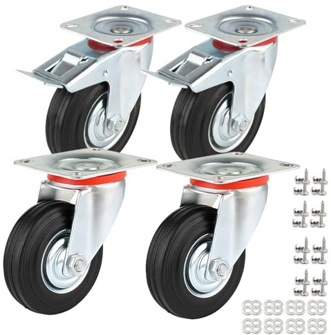 IQWTU Ruedas para cargas pesadas de 75mm con freno, 4 ruedas de transporte hasta 200 kg, Ruedas para muebles pesados ruedas de goma giratorias 360°(2 con freno y 2 sin freno)