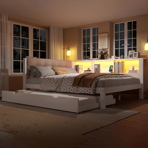 Divano letto, divano da giorno, divano letto, 140x200 cm, letto singolo, con letto estraibile, con striscia LED regolabile, con pratico ripiano, con presa USB, in legno di pino (senza materasso)