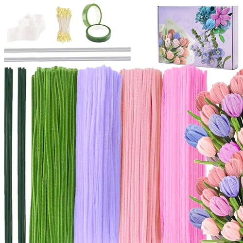FANXIYA Kit de Manualidades con 400 Limpiapipas de Colores FANXIYA, Alambre de Chenilla para Hacer Flores DIY, Ramo de Tulipanes Artesanal para Niños, Niñas y Adultos, Regalo Creativo
