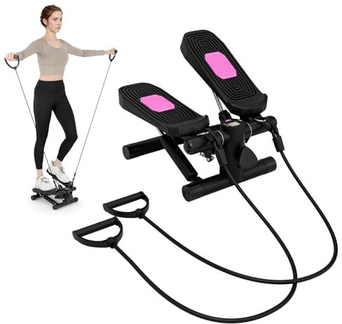 GYMAX Mini Stepper for Exercise, Portable Stair Step Workout Machine with Resistance Bands, LCD Monitor & Height Adjustable Pedals, Compact Under Desk Stepping Machine for Home Office Training (Black)