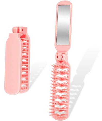 Confezione da 2 spazzole per capelli pieghevoli con specchio, spazzola districante portatile da viaggio, piccola borsa, pettine tascabile compatto per donne capelli ricci spessi - rosa