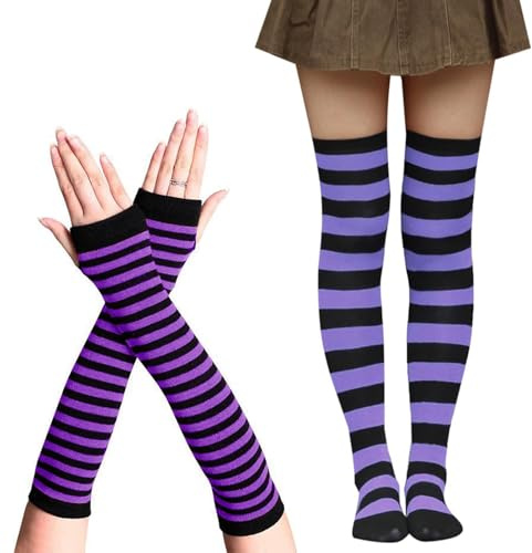TENGWA Chaussettes Hautes Rayées 50cm Thigh High Socks 35-40 Gants sans Doigts Noir Violet Chaussette Haute Chauds Très Élastiques Idéaux pour Carnavals et Cosplay