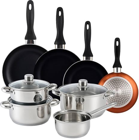 Well Home Pack Batería de cocina 7 Piezas en acero inoxidable + Sartenes Ø16Ø20Ø24Ø28cm Aluminio prensado Bronce metalizado