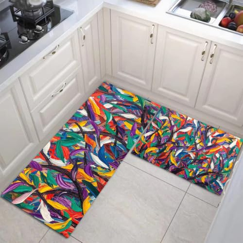 DUOTCYELE Tappetini Da Cucina Colore Delle Foglie Di Salice Dipinte A Mano 2 Pezzi, Tappeto Cucinas Antiscivolo, Tappeto Lavabile Astratto Moderno Adatto per Corridoi, Cucine, 40x60cm+40x120cm