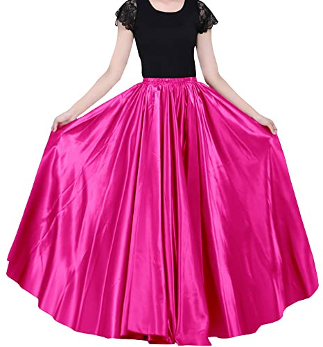 Ladies 90cm Satin Maxi Midi Skirt Long Dress Elastic Waist for Belly Dance Princess Party Cosplay Costume (Rose red)