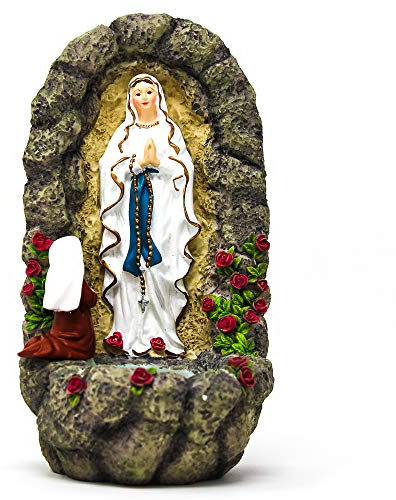 Catholic Gift Shop Fuente de agua bendita de Lourdes que representa las apariciones de Lourdes, con Santa Bernardita arrodillada a Nuestra Señora de Lourdes (3035)