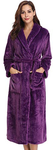 Vlazom Ladies Dressing Gown, Flannel Soft Robe Warm Fluffy Bathrobes with Hooded or Shawl Collar Long Robe for Cold Day UK 6-28