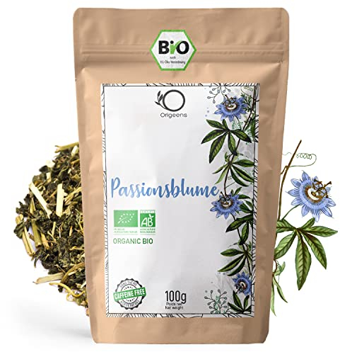ORIGEENS BIO PASSIONSBLUME TEE 100g | Schlaf Tee und Anti Stress Tee | BIO Passionsblumenkraut, Oberirdische Teile (Blätter, Stängel, Blüten)
