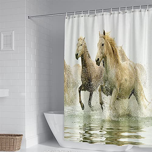 Chickw1 Duschvorhänge Anti Schimmel, 3D Motiv Duschvorhang Wasserdicht Waschbar Bad Vorhang Polyester Badewanne Vorhang mit 12 Duschvorhangringe (Gelbes Pferd,200x200cm)
