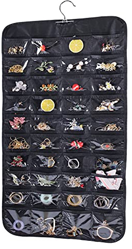 Cemueo Hanging Jewelry Organizer, Double Sided 80 Pocket Jewelry Chain Storage Bag 2 Layer of Fabric Jewelry Organizer Holder for Necklace Bracelet Earring Ring Chain Knitting Tool-Black