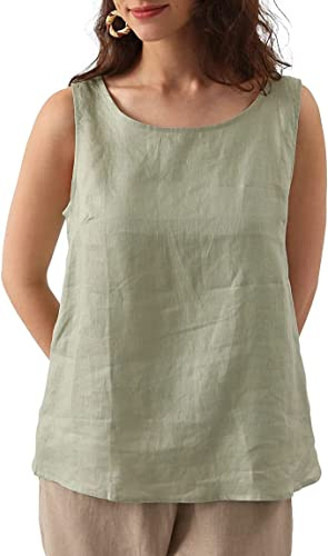 Amazhiyu Women 100% Linen Tank Top-Sleeveless Crewneck Blouse Summer Casual