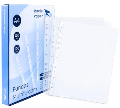 Raylu Paper® - Fundas multitaladro de polipropileno 100% reciclable, fundas para documentos de gran apertura, lomo reforzado. 100 unidades. (Transparente - Cristal, A4 - 120 micras)
