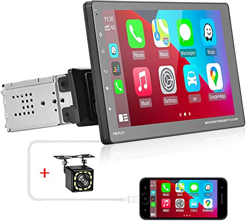 Podofo 1Din Autorradio Carplay Android Auto, Estéreo Bluetooth para Coche de 9'', Stereo Radio de un DIN con i-Phone/Android, Mirror Link, SWC, Radio FM, AUX, Luz a Color y Cámara de Visión Trasera