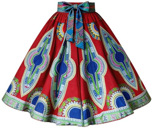 Maxi gonna con cinturino regolabile con stampa a cera tradizionale, gonne lunghe con tasche profonde, motivo a fiore largo multicolore modello tradizionale maxi con sciarpa coordinata per donne e