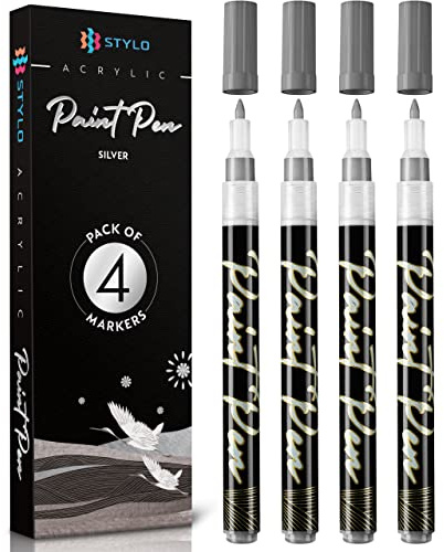 Stylo Silver Acrylic Paint Pens, 4 Silver Pens for Glass, Fine Tip | 0.7 mm Japanese nib, opaque silver ink, glass, mirrors, ceramic, slate, dark card, metal tins