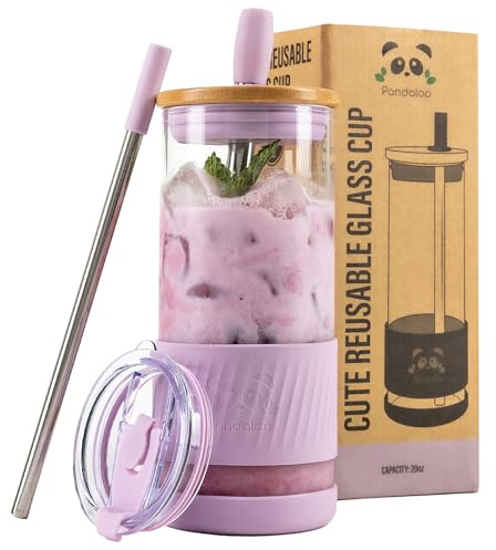 Pandaloo® Glass Cups With Lids and Straws -20 Fl Oz- Perfect Size Iced Coffee Cup - Smoothie Cup With Bamboo Lid and On the go Lid - Glass Tumbler With Straw (1 Count (Pack of 1), Lilac Rhapsody)