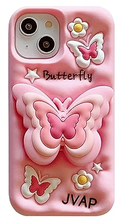 QoKcoahn Fodral för iPhone 12 Pro Max, 3D-tecknad kawaiifigur, rolig, söt tecknad rosa fjäril och blommor, med stativ, mjuk silikongel, fallskydd