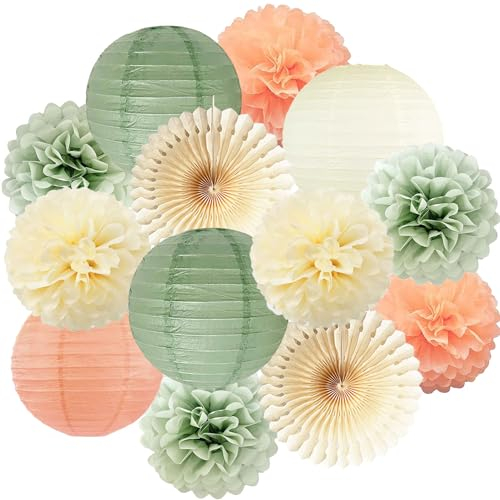 Salbeigrün Partydekorationen Salbeigrün Pfirsich Creme Seidenpapier Pom Poms Papierlaternen Papierfächer für neutrale Geburtstag, Babyparty, Brautparty, Hochzeit, Verlobung, Party Dekoration