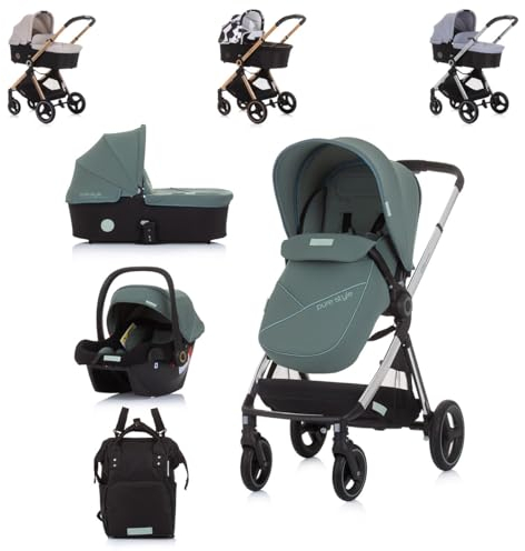 Chipolino Kinderwagen Elite 3 in 1 i-Size Babyschale Sportsitz Babywanne Tasche, Farbe:grün